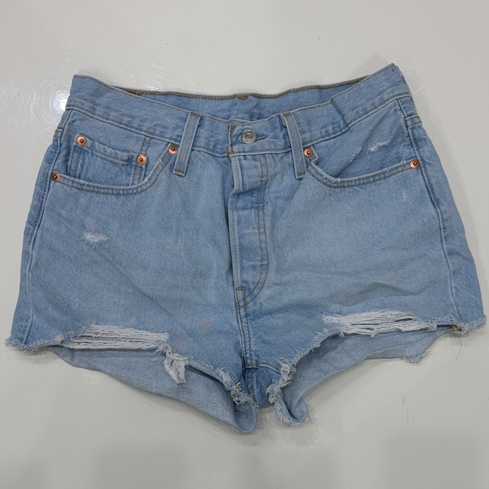 Levi's Light Blue Distressed High-Rise Denim Shorts